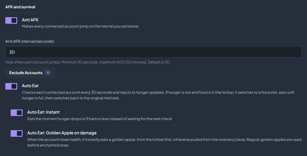Settings → Behavior with Anti AFK and Auto Eat turned on.