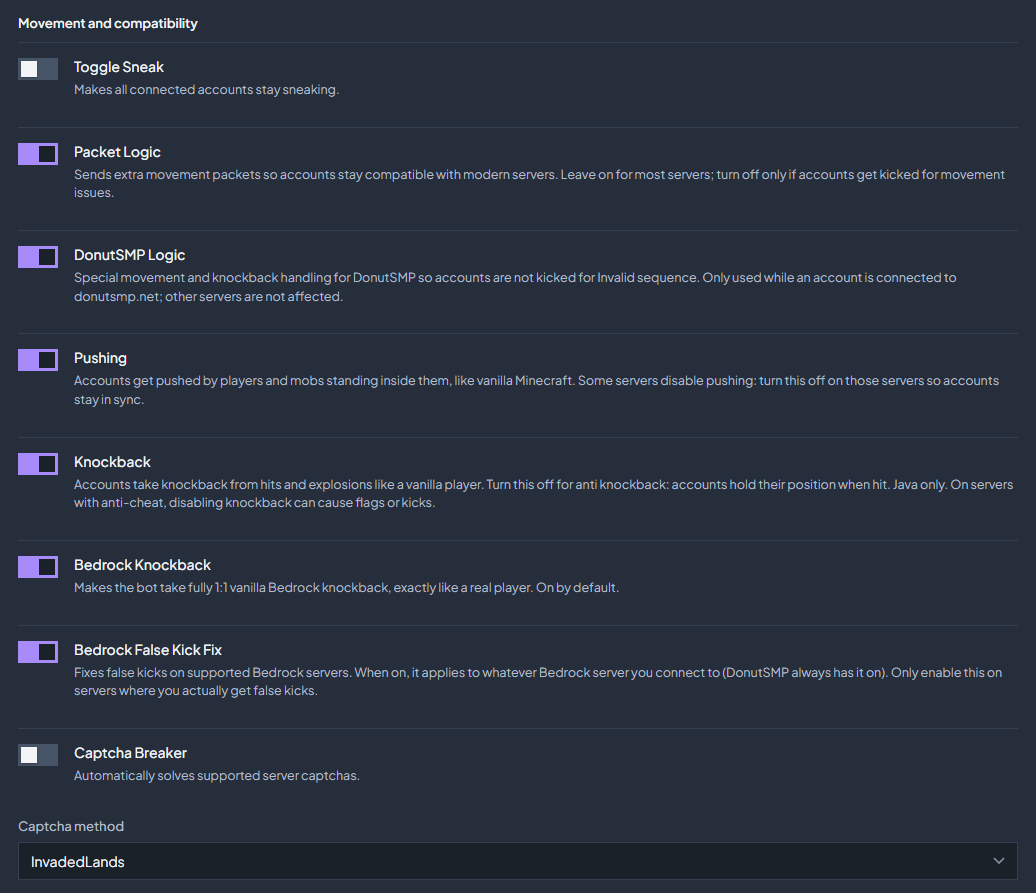 The movement and compatibility switches in Settings → Behavior.