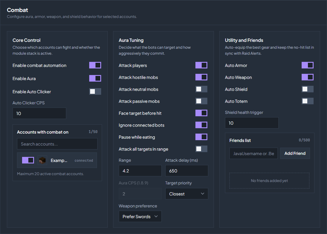 Control → Combat with aura enabled for one example account.