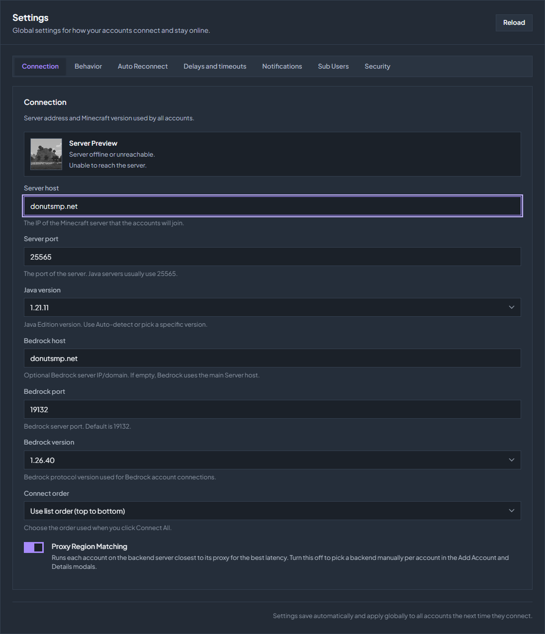 Settings → Connection contains the edition-specific server address, port, and version.
