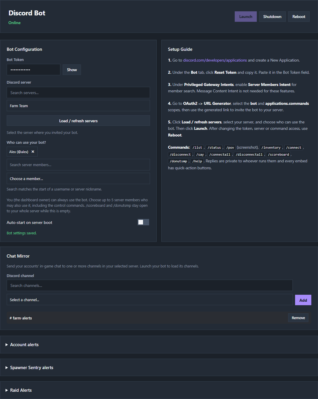 The Discord Bot panel with an example server, member, and chat mirror.