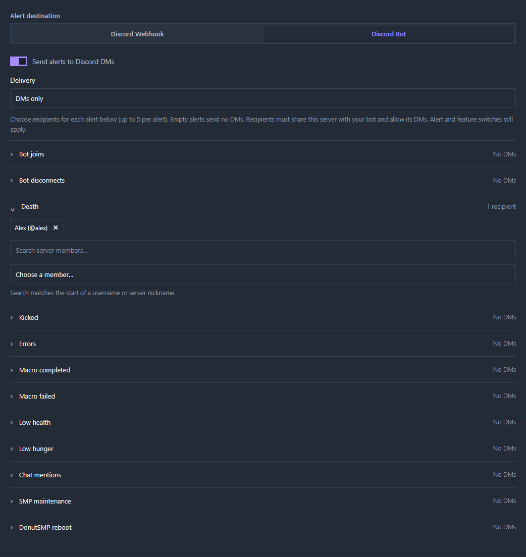 Example DM-only setup: death alerts go to Alex, with other DM events left empty.
