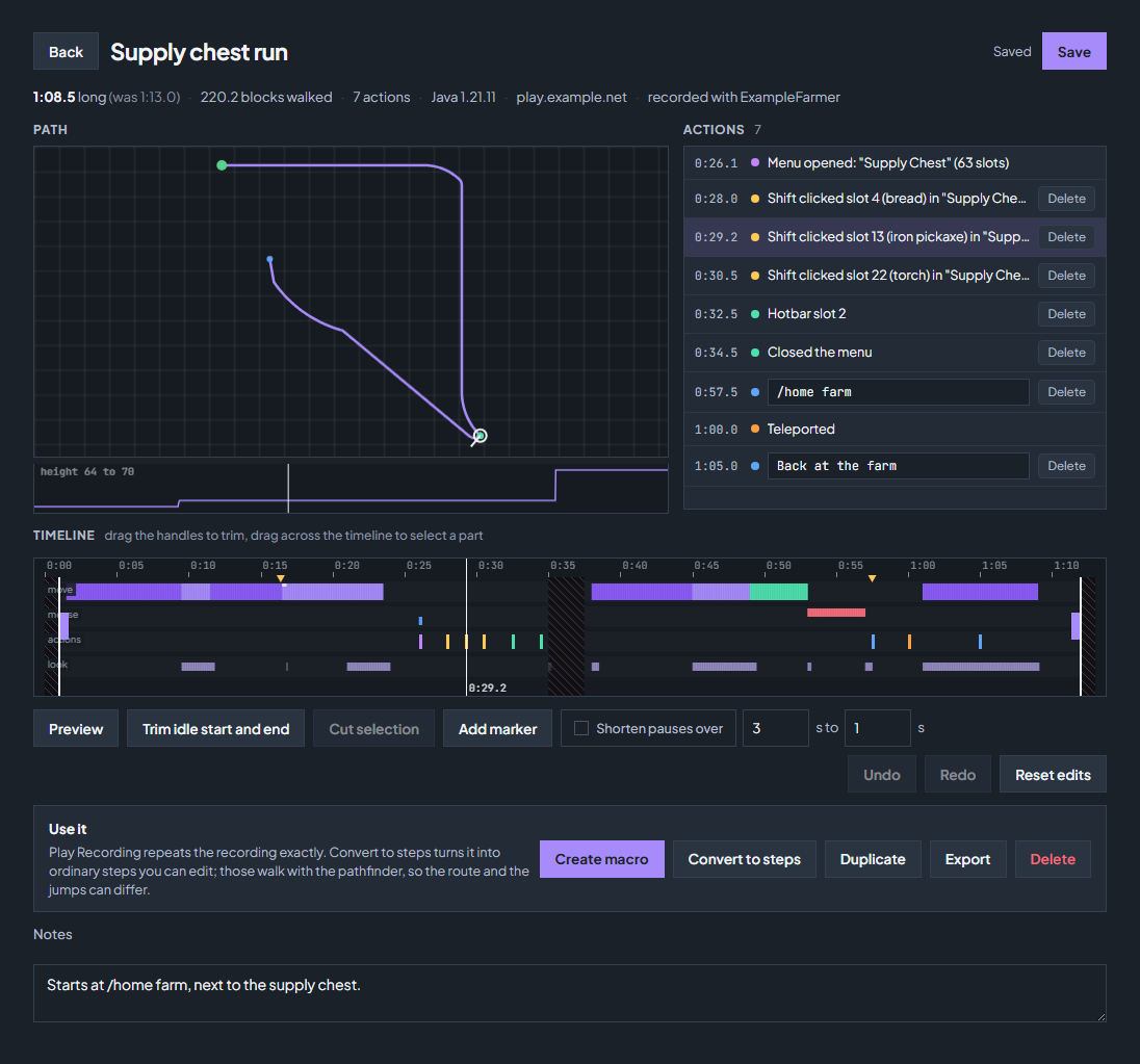 The editor: the trimmed timeline with its handles and markers, the path from above, and the list of actions with an editable command.