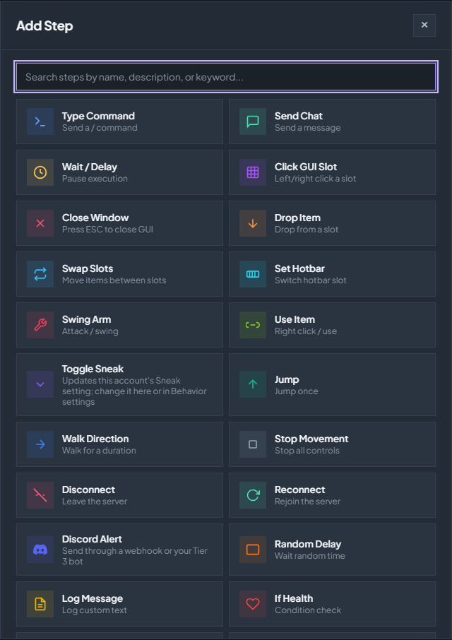 The Add Step picker. The search box matches step names, descriptions, and keywords.