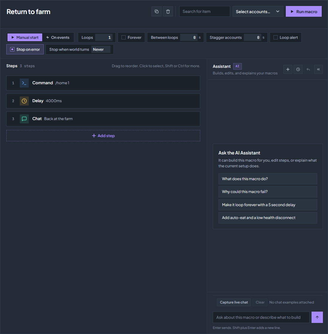 The macro builder with a three-step macro selected: the name, the run settings, the step list, and the assistant.