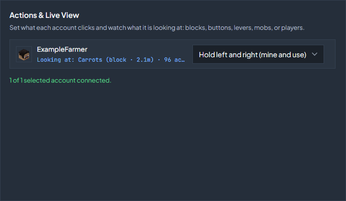 An example account set to Hold left and right (mine and use) while it aims at a carrot crop.