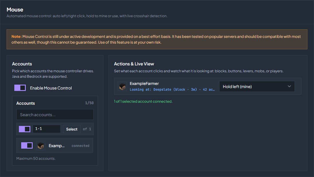 Control → Mouse with one example account selected.