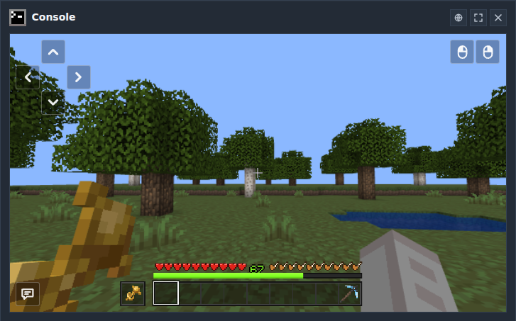Point of View showing an account in-game, including its health, hunger, hotbar, and off-hand item.