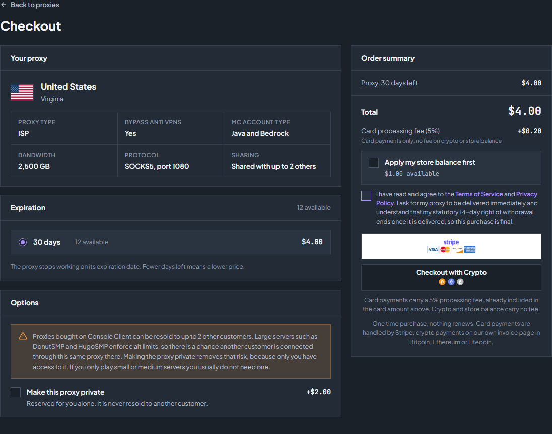 Proxy checkout with example pricing and balance. Review the live total, expiry, and terms before purchasing.