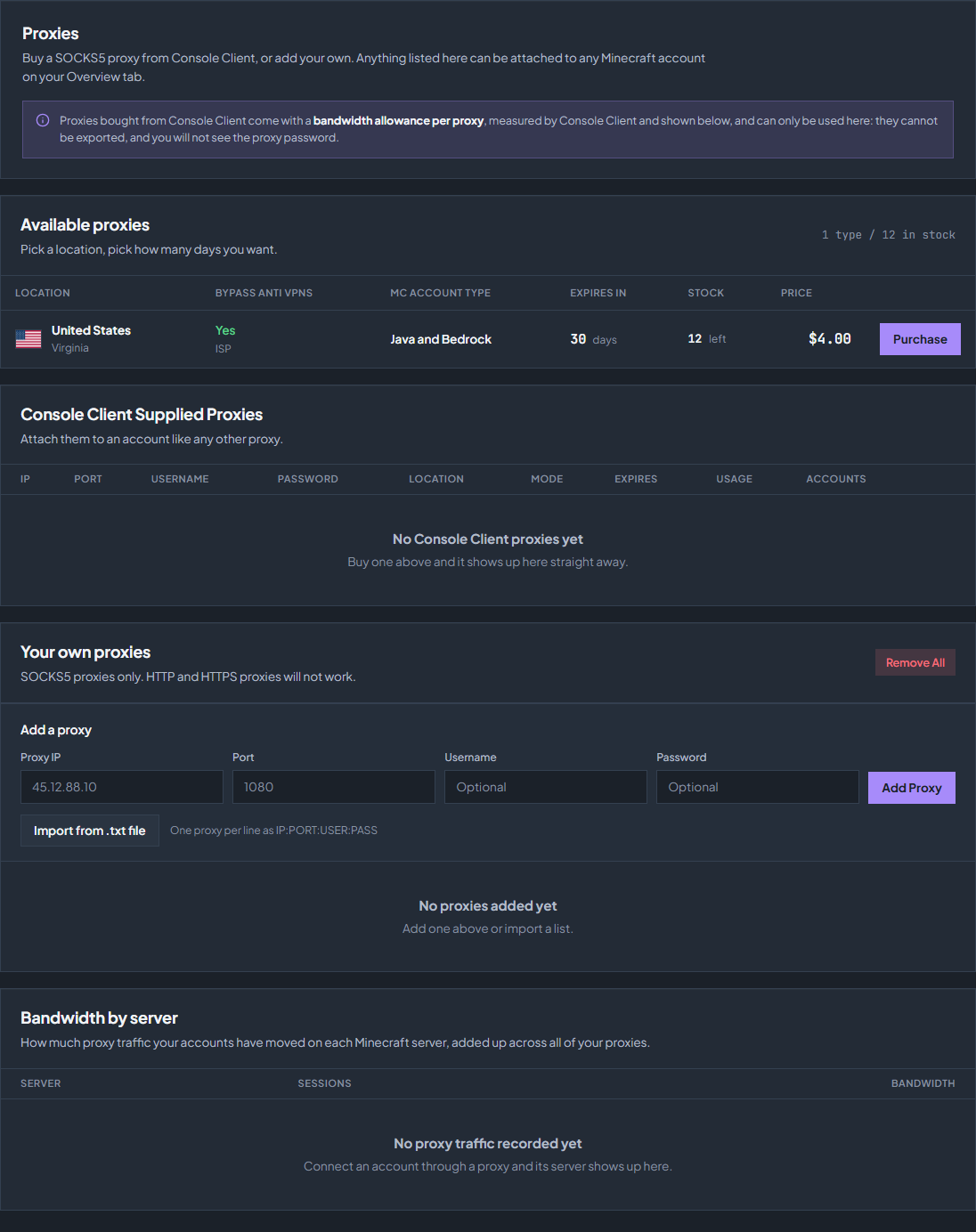 The Proxies catalogue. Stock, prices, and locations shown here are examples; check your dashboard for availability.