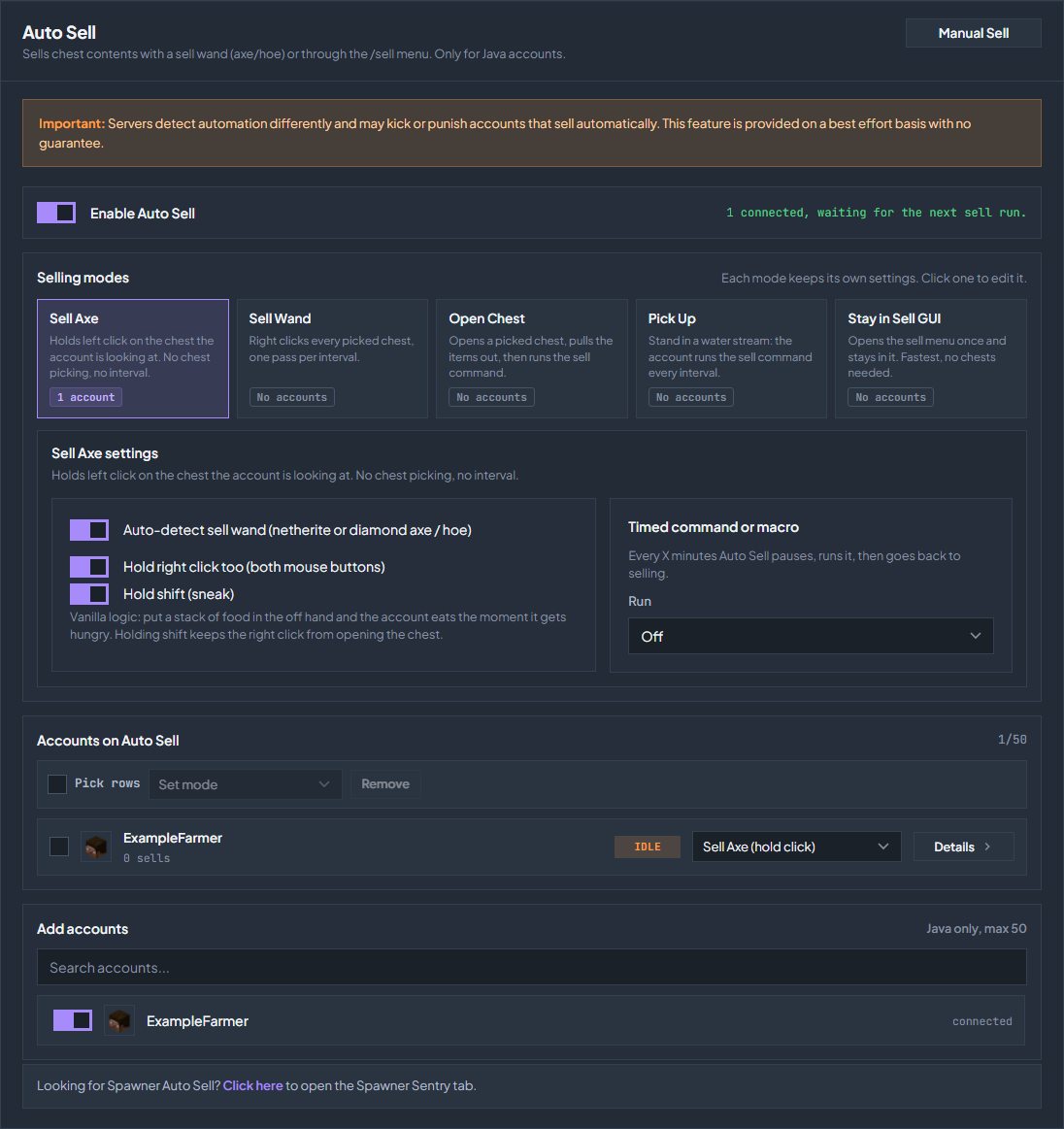 Sell Axe selected with Hold right click too and Hold shift enabled.