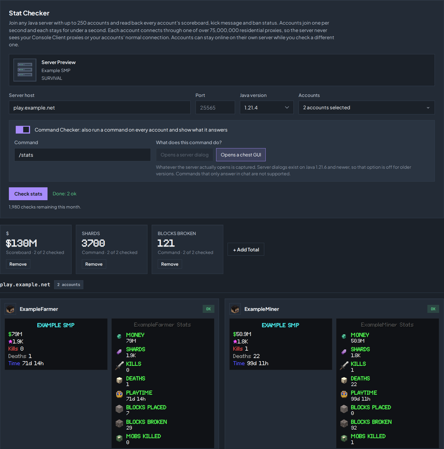 Stat Checker with example results for two accounts: the /stats chest GUI beside each scoreboard, and three totals above the cards.