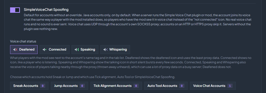 SimpleVoiceChat Spoofing in Settings → Behavior: the default switch, the voice chat status picker and the Voice Chat Accounts button.