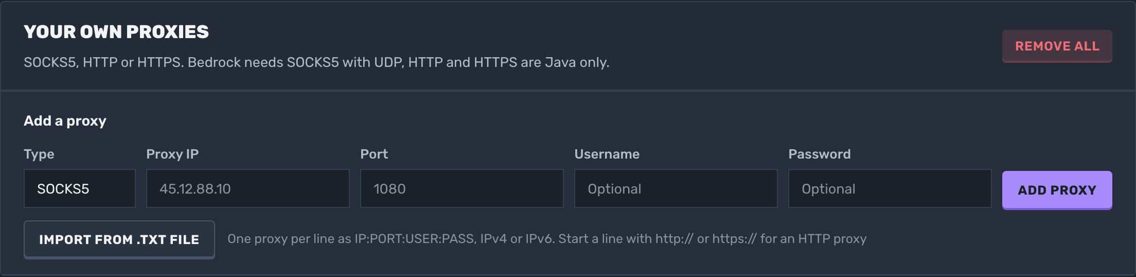 Import from .txt file under Your own proxies.