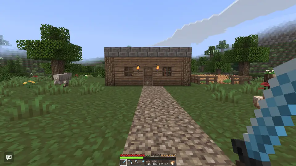 Point of View preview: a small Minecraft style world with a wooden house, a fenced farm, trees and animals, seen through the eyes of a player holding a diamond sword